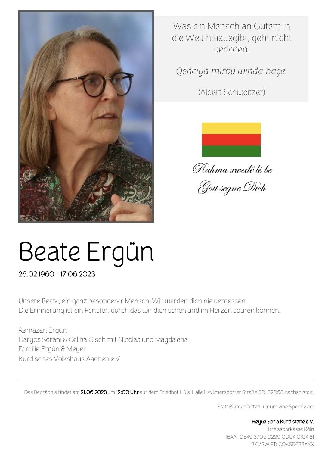 Wir trauern um unsere Freundin – Kurdisches Volkshaus Aachen e.V.